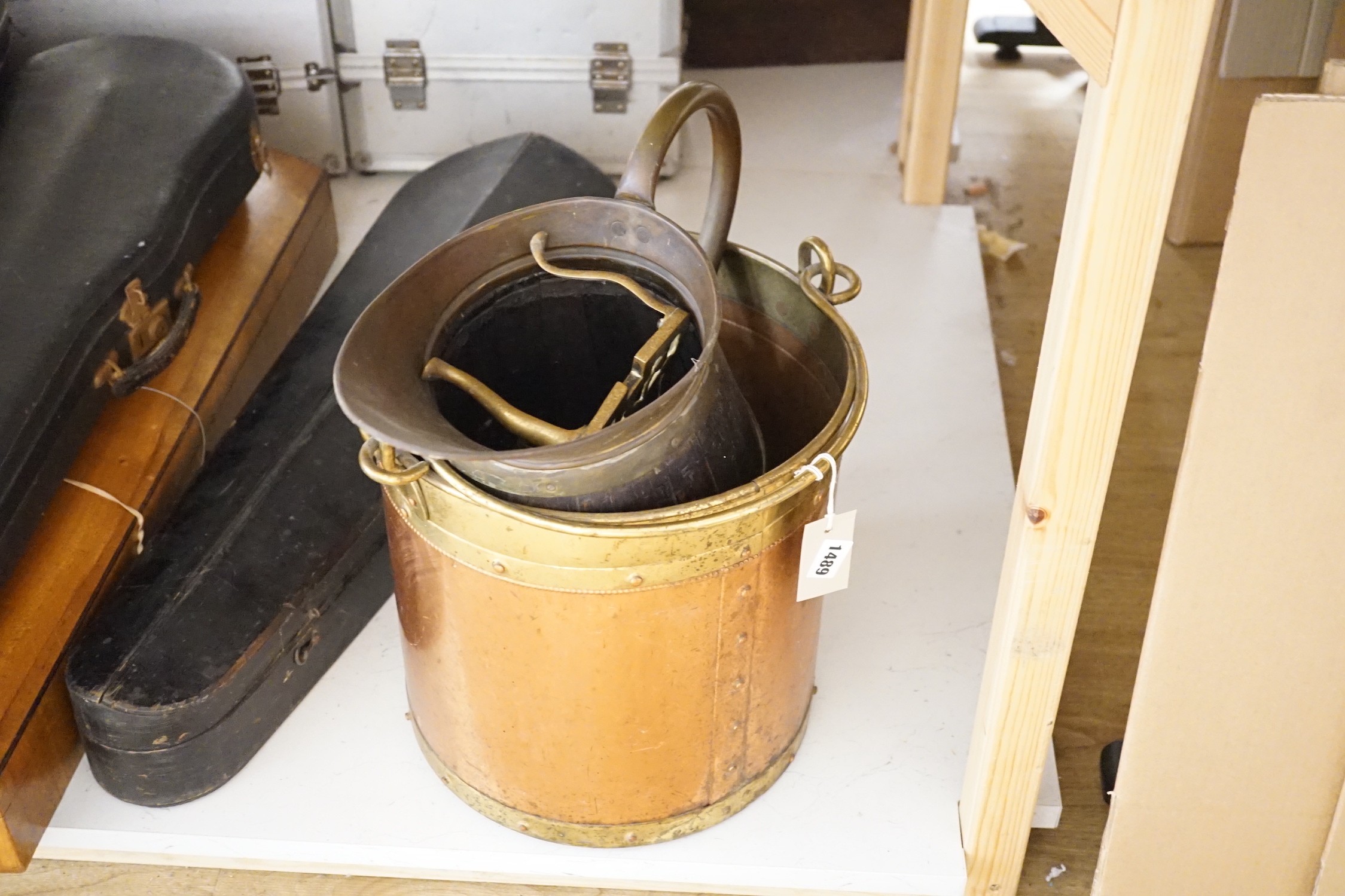 A staved and coopered jug, one coal bucket and a brass kettle stand, 32cms high